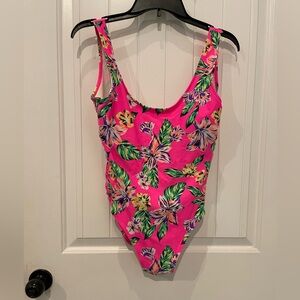 No Boundaries one piece swimsuit. Neon pink with flowers. Size large. #w66